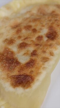 Fried cheburek on plate detailed. Golden fried cheburek with crisp texture highlight. Studio shot capturing crispy cheburek on white plate with steaming hot surface details