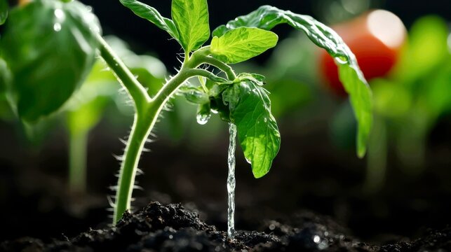 A single drip irrigation emitter is releasing water slowly at the base of a tomato plant's stem