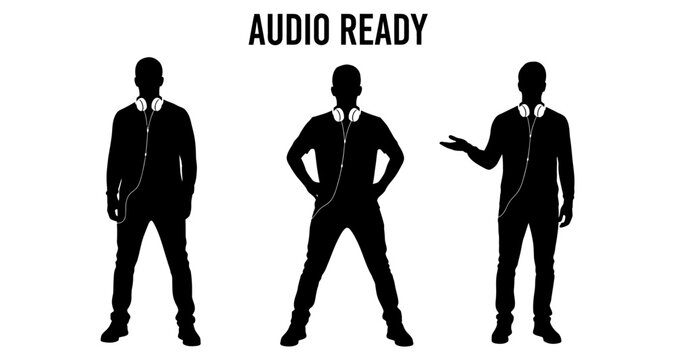 Silhouetted Man with Headphones in Three Poses Against White Background