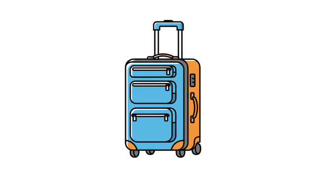 Modern blue and orange travel suitcase with multiple compartments, retractable handle, and wheels for easy transportation during vacations.