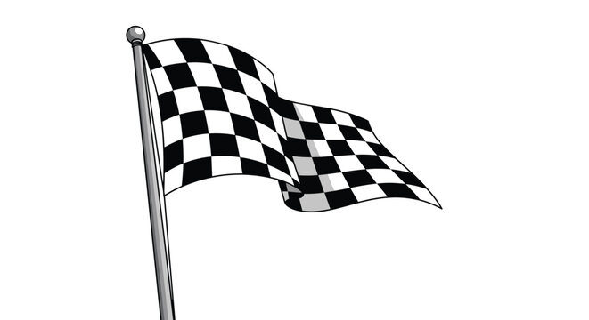 Checkered racing flag waving on a silver metal pole isolated on a white background represents speed, competition, finish line victory, and success.