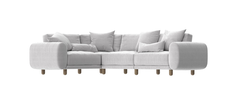 Light Gray Fabric L-Shape Corner Sectional Sofa with Wooden Legs and Scatter Cushions, Three Quarter View on White Background