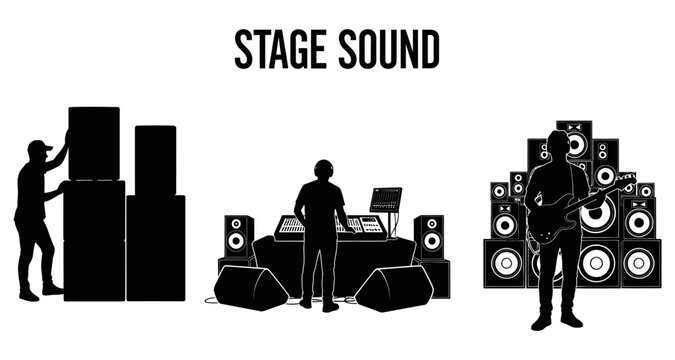 Silhouettes of people setting up concert sound equipment and DJing during a performance