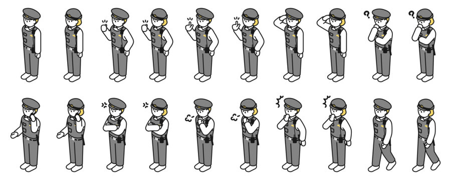 アイソメトリックイラスト：色々なポーズの警察官男女