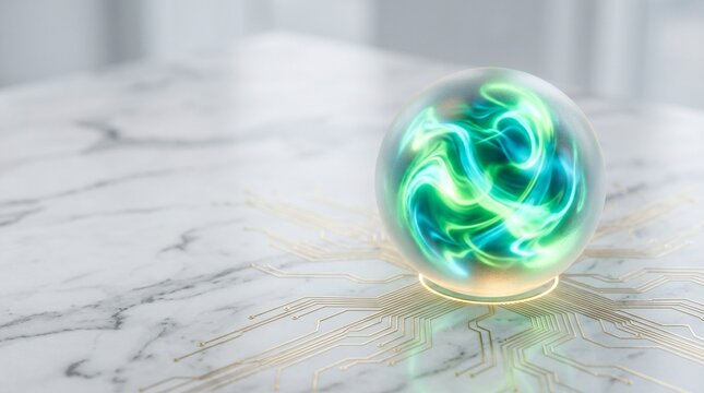 Conceptual smart grid energy core with glowing green sphere and gold circuitry on marble