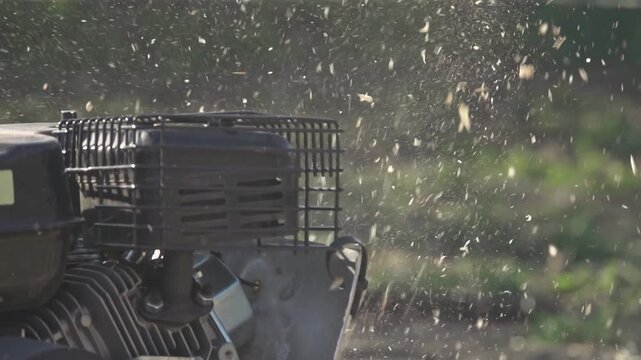 Spring. Wood chipper in the garden, chopping branches resulting from tree cleaning