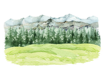Fototapeta premium Watercolor mountain landscape with pine forest and grassy meadow, hand drawn botanical clipart, natural scenic backdrop isolated on transparent background for design and illustration