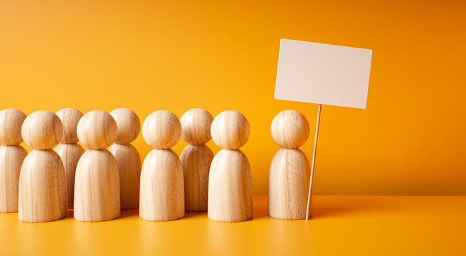 Wooden figurines in a group, one figure stands out as leader or speaker with a blank signpost on yellow background - 3D illustration
