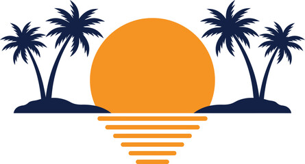 Tropical sunset silhouette palm trees and a vibrant orange sun over water © UniQue DEsigN