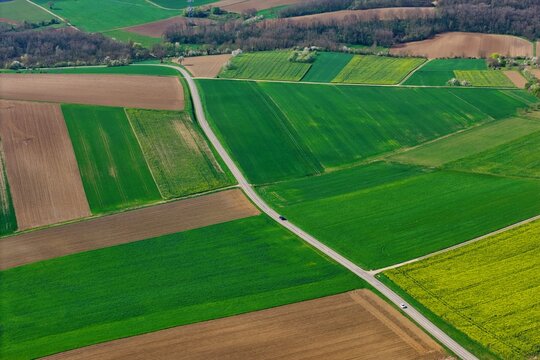 Aerial view of a road slicing through a vibrant patchwork of green and brown fields, a testament to the agricultural heartland, Wintzenheim-Kochersberg, Grand Est, France.