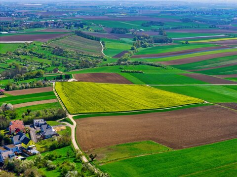 Aerial view of agricultural lands creating a patchwork of vibrant greens and yellows, punctuated by the terracotta roofs of a small village, Wintzenheim-Kochersberg, Grand Est, France.