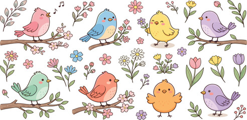 Cute cartoon spring birds collection with cherry blossom branches and colorful wild flowers for nursery wall art and greeting card design © MST HASMOTARA