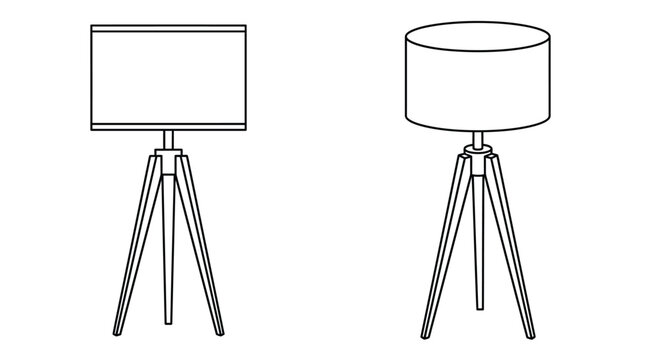 Two minimalist lamp designs with tripod bases are illustrated in black