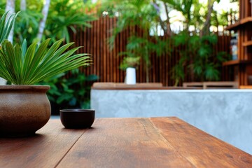 Fototapeta premium 植物と木製のテーブルセットアップでリラックスできる屋外スペース
