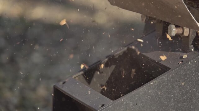 Spring. Wood chipper in the garden, chopping branches resulting from tree cleaning