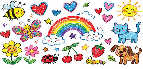 Cute hand drawn crayon doodle set with rainbow sun hearts butterfly bee cat dog and nature elements for kids nursery decoration © MST HASMOTARA