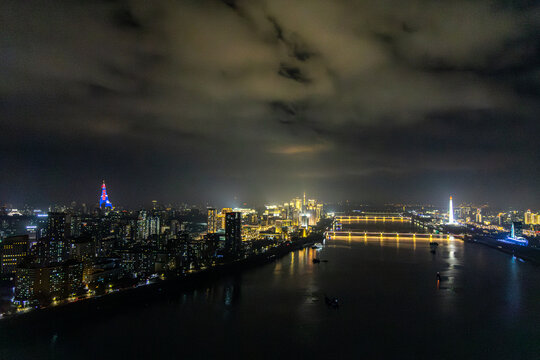 Juche Tower, Pyongyang morning panoramic view, North Korea. Taedong River in the morning fog. View facing upstream, modern residential complex. View from Yanggakdo Hotel