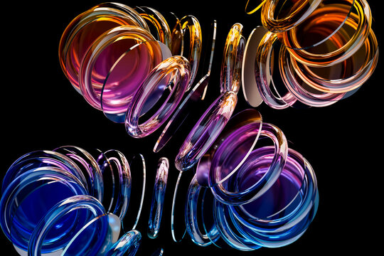 3D glass ring cluster with neon gradient and dark contrast