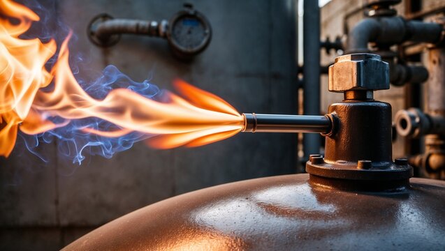 Close-up macro of a vibrant LPG burner flame on a metallic nozzle of a large industrial gas storage tank. High-detail with realistic reflections, illuminated by harsh industrial lighting, photo-realis