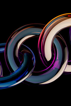 3D neon glass loop with glossy curve on black background
