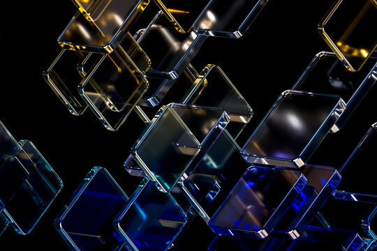 3D glass tile drift with luminous depth on black space