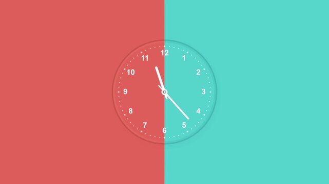 Minimal wall clock animation on split red and teal flat color background