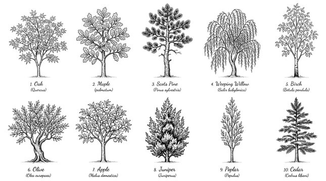 Hand drawn vintage tree collection, vector illustration with botanical names