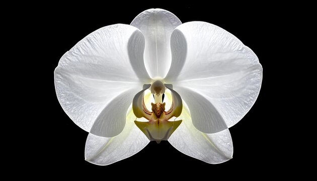 white orchid on black background. a stunning high contrast macro photography of a pure white moth orchid flower isolated on a pitch black background.