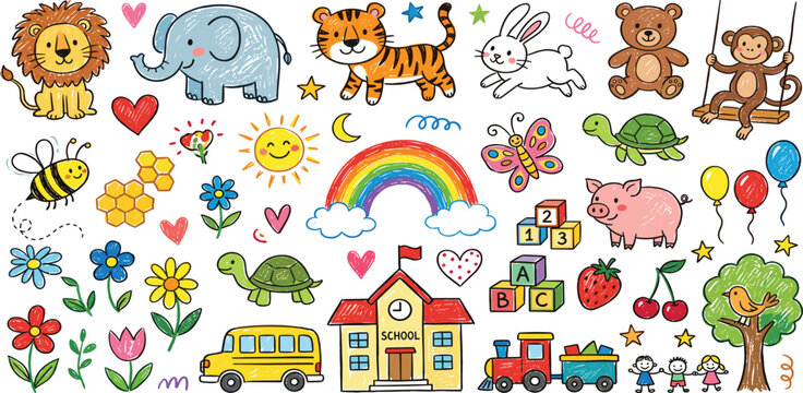 Hand drawn doodle style nursery collection with cute animals school building rainbow and nature elements for kids education and decoration