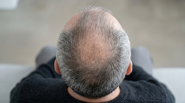 Close-up of a bald man's head from above, showing hair loss