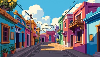 Naklejka premium Colorful pixel art street in an Indian setting with vibrant buildings and sunny atmosphere
