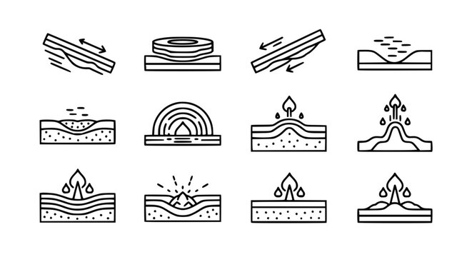 Geological Layer and Formation Icon Set with Sediment Magma Seismic Rainbow Arch and Heat in Clean Outline Style for Science
