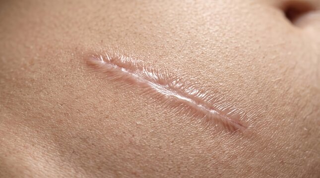 Close-up of a scar on human skin, texture, and healing process