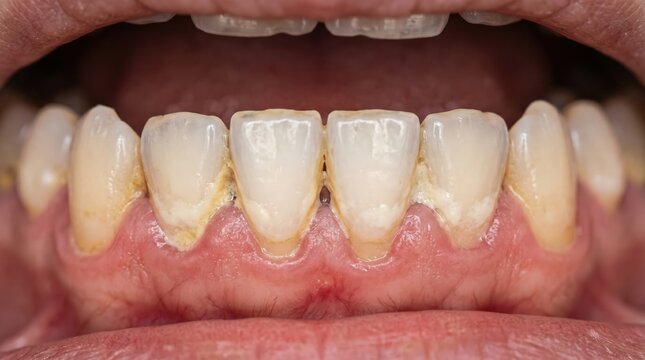 Close-up of unhealthy human teeth and gums with plaque buildup