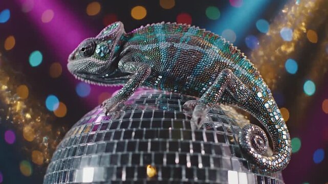 Chameleon disco dancing on mirror ball under party lights.