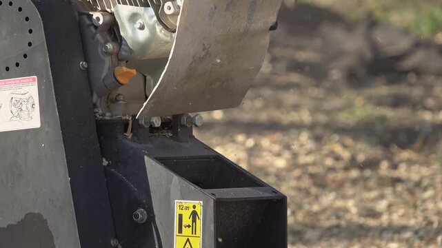 Spring. Wood chipper in the garden, chopping branches resulting from tree cleaning
