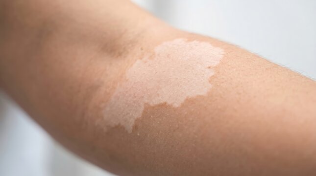 Vitiligo skin condition on arm, depigmentation patches on human skin