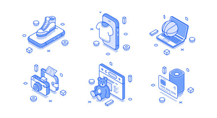 Obraz premium Isometric vector illustration of online shopping and e-commerce. Icons for mobile commerce, digital payments, and online retail. Blue line art for web stores and consumer product marketing