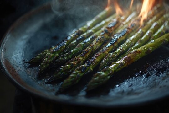 Grilled asparagus spears sizzle over an open flame, showcasing vibrant greens and smoky char marks.