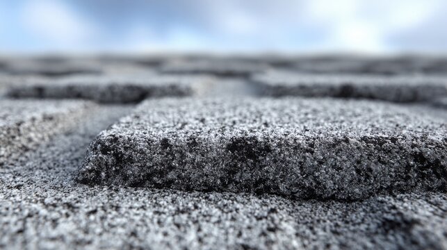 Close-up view of shingle-like panels made from recycled plastic on a roof, showcasing textured detail and weather protection.