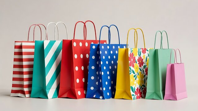 "Row of colorful paper shopping bags lined up against a white background, featuring various patterns including red stripes, teal diagonal stripes, red polka dots, blue polka dots, yellow floral, solid