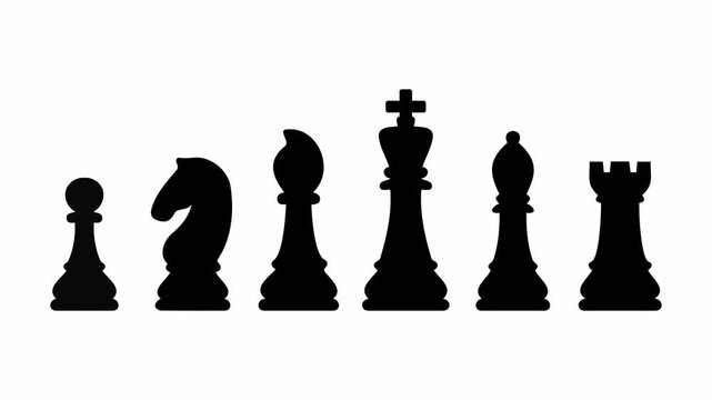 Chess pieces silhouette animation, king queen rook bishop knight figures representing strategy planning intelligence and competition concept, isolated with white background and green screen chroma key