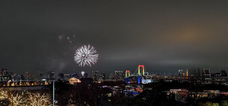 Spectacular fireworks in the Tokyo night sky over the Odaiba area