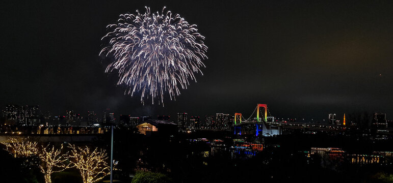 Spectacular fireworks in the Tokyo night sky over the Odaiba area