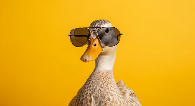 A crested duck wearing aviator sunglasses, posing confidently against a vibrant yellow background, conveying a cool and stylish mood.