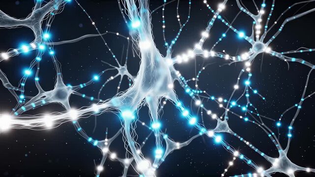 4K Cinematic Animation of a Vast Neural Network with Pulsing Energy Connections.