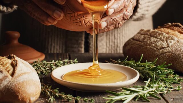 Honey Pouring Over Plate With Bread Weathered Hands Tilt Clay Jar As Golden Syrup Drizzles Into Shallow Plate, Crusty Loaf And Rosemary Sprigs Frame Scene On Worn Wooden Table, Warm Low Light Creates.