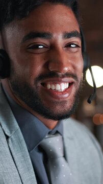 Face, man and happy with headset in call center for outbound calling, lead generation and about us. Telemarketing, friendly agent and microphone for online sales, product knowledge and career pride