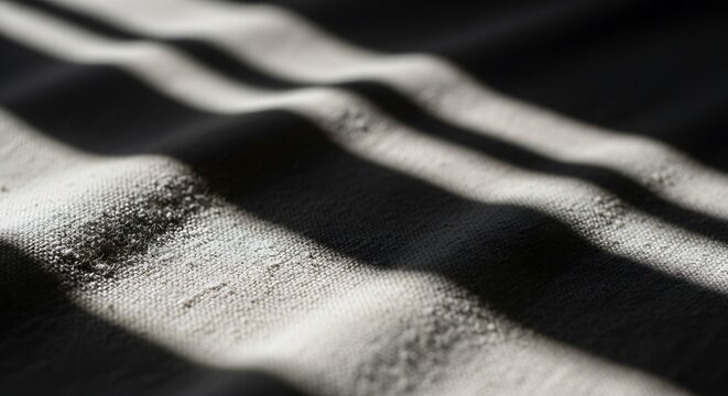 "Close-up of black fabric with dramatic parallel light and shadow stripes. Strong directional lighting creating bright highlights on the textured woven surface and deep shadows in the folds, high cont