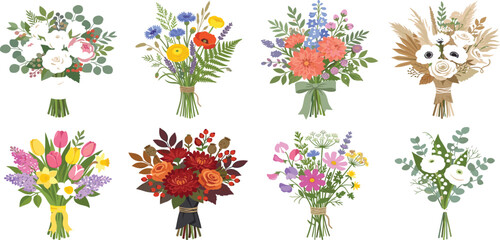 Set of Eight Beautiful Hand Drawn Floral Bouquets Featuring Various Colorful Flowers and Greenery for Wedding and Greeting Cards © MST HASMOTARA